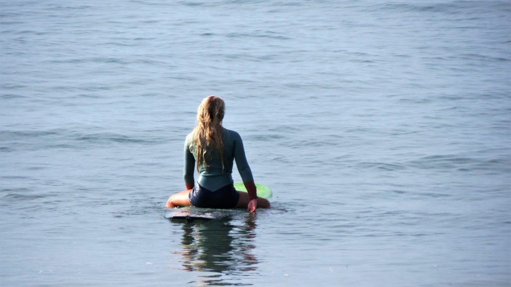 Photography Progression website homepage image. A blonde woman sitting on a surfboard in the water
