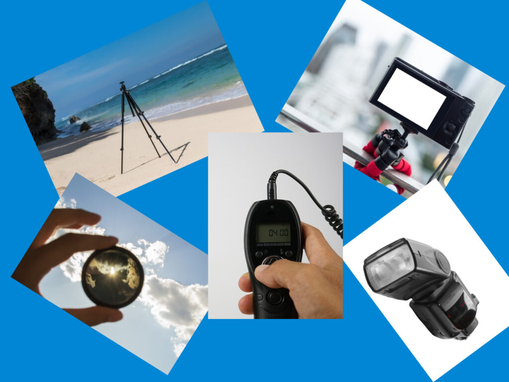 Camera accessories, tripod, remote shutter release, fitters and a flash
