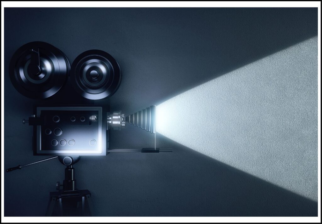 A projector with a light beam navigating camera lighting conditions