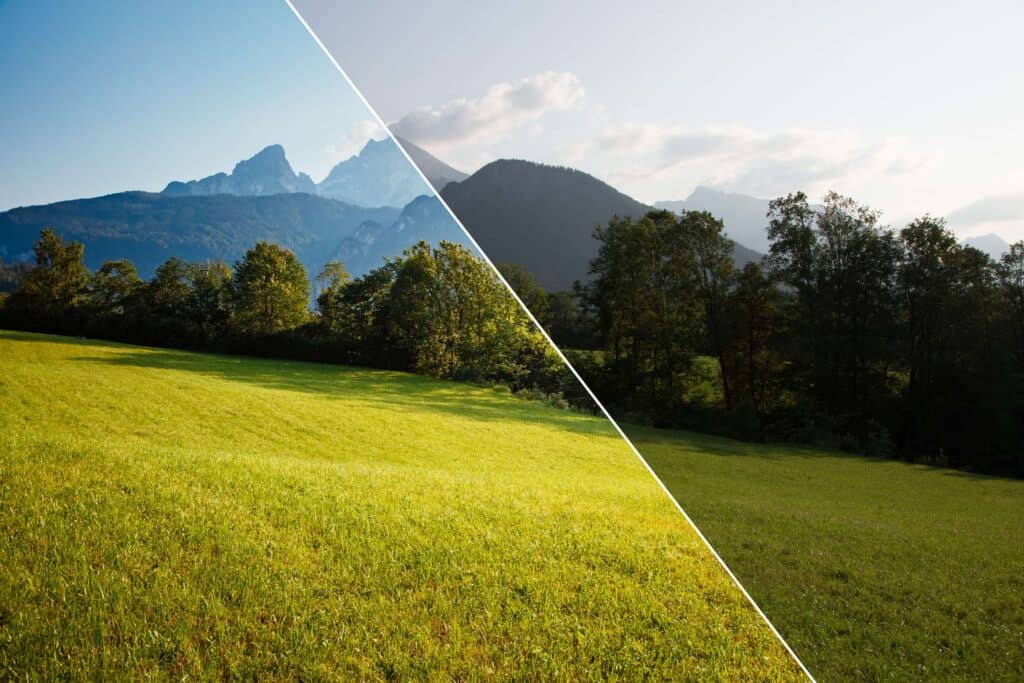 A green field with trees and mountains in the background. This landscape picture is divided into two. One side is the touched-up photo, and the other is the original.